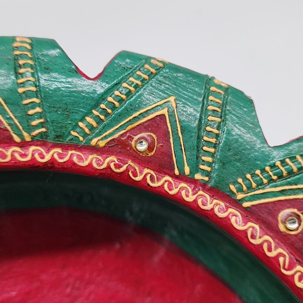 Indian Terracotta Uruli Bowl Emerald Green Colorful Jeweled Bohemian Decor 9" Bo - Picture 8 of 12